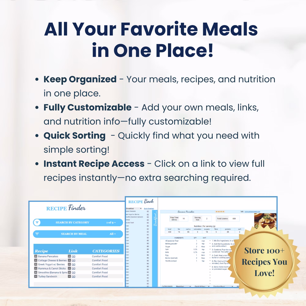 Meal prep planner with recipe organizer Google Sheets