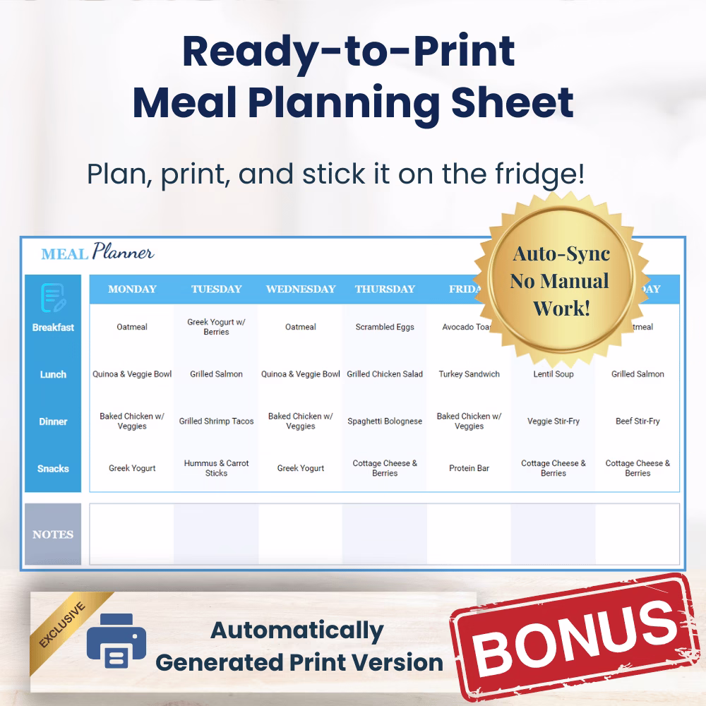 simple meal tracker in Google Sheets with printable planner