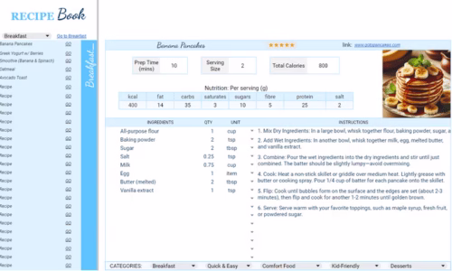 Google Sheets recipe book with nutrition tracking