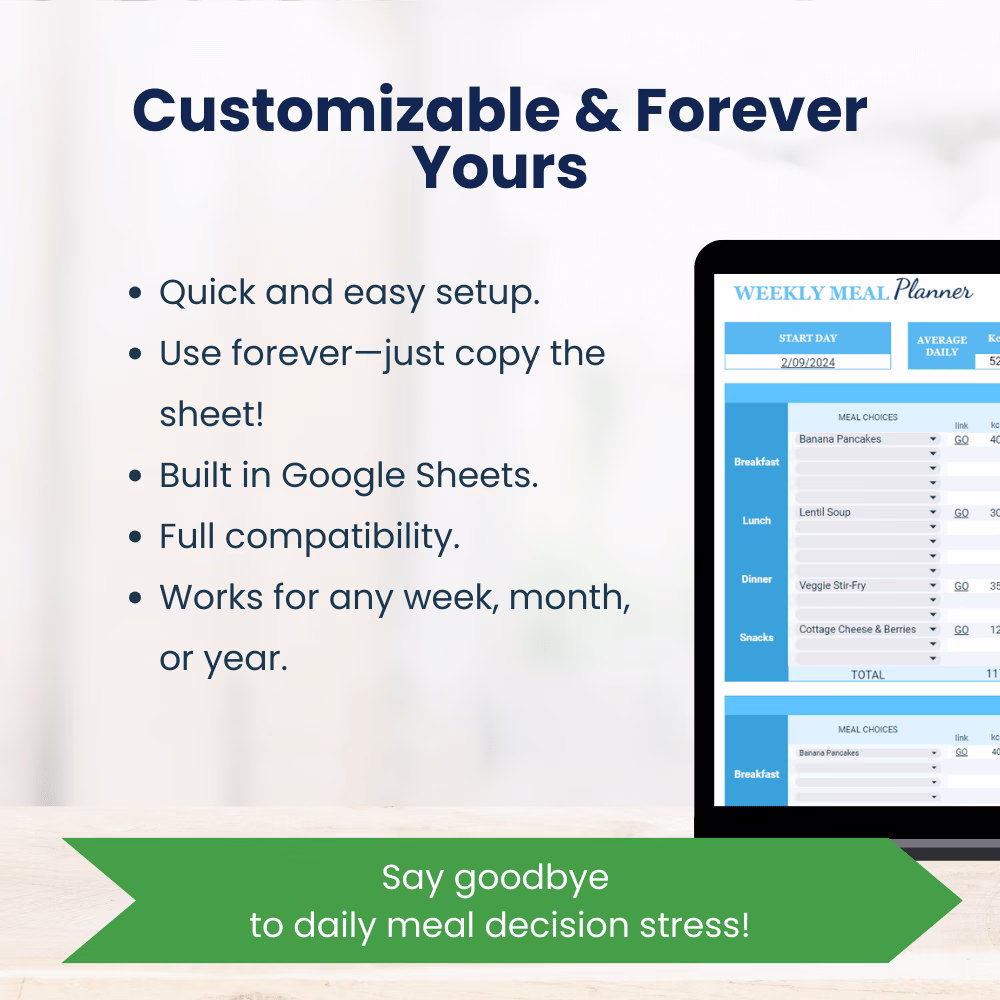 Interactive meal planner Google Sheets for families with grocery list