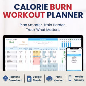 Google Sheets workout planner with weekly calorie burn overview and exercise schedule