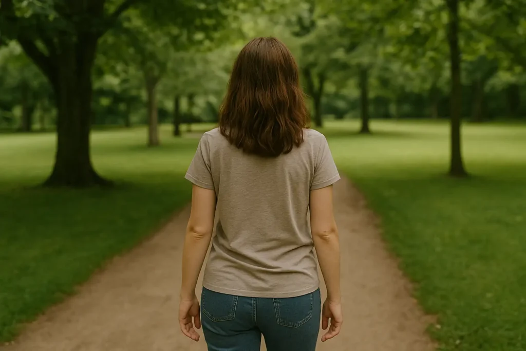 Young woman walking alone through a quiet green park – a simple micro habit moment for calming down and resetting your rhythm.