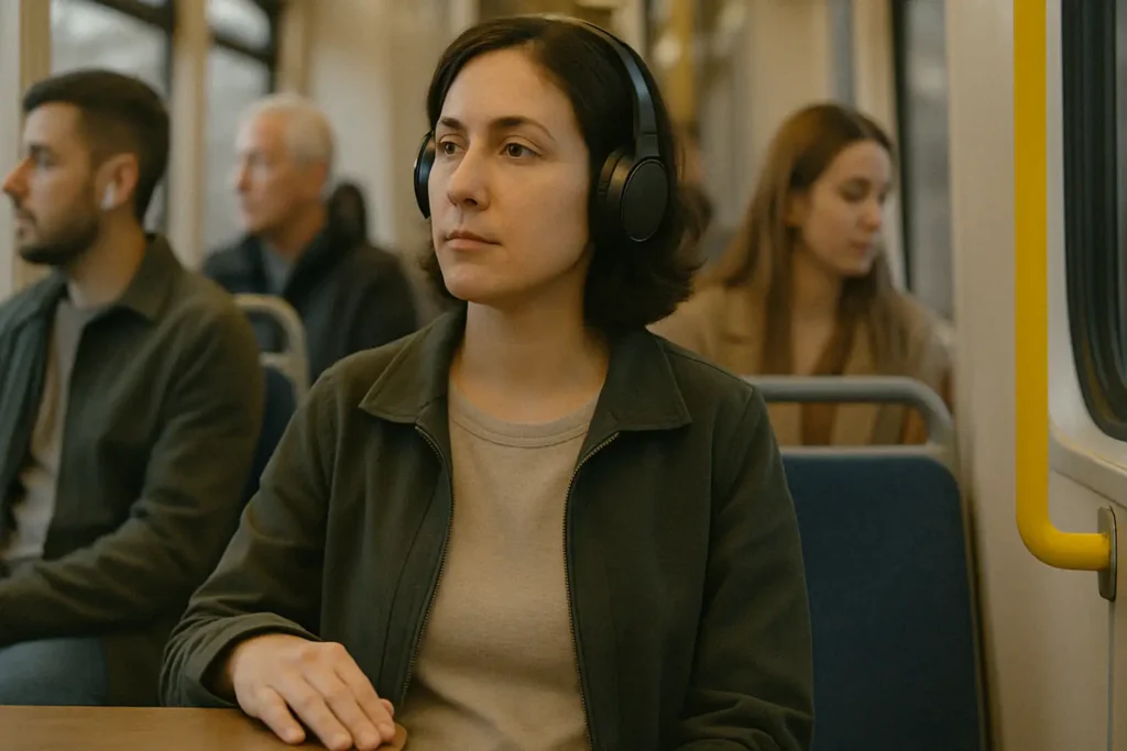 Person sitting on a train using a subtle 10-second micro habit to stay grounded in public