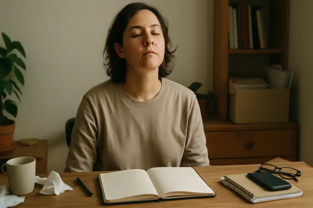 Person gently closing their eyes at a cluttered desk during a 10-second micro habit routine