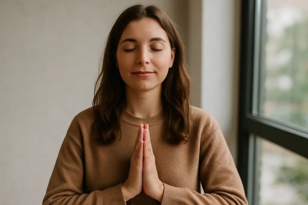 Young woman practicing a calming micro habit by the window – a simple mindfulness moment anyone can do anytime, anywhere.