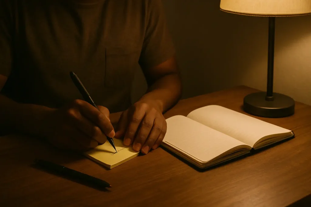 A quiet scene with a person writing a short note as a self-trust micro habit routine