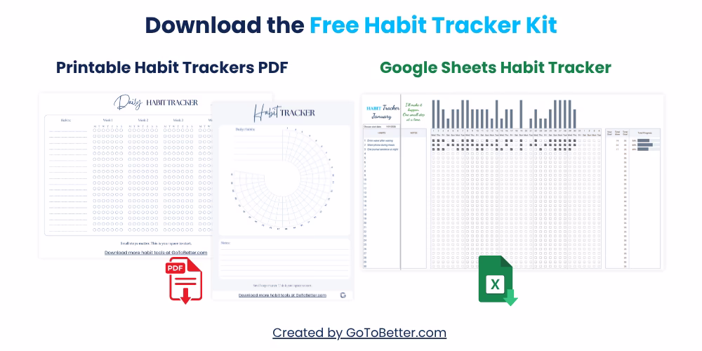  Printable habit tracker PDF in clean 30-day grid and circular formats as parto of the Kit