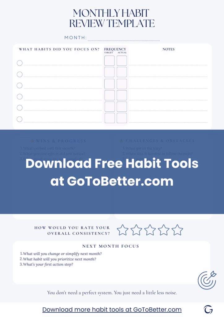Printable Monthly Habit Review Template with sections for listing habits, rating consistency, writing reflections on wins and challenges, and planning next month’s focus, in minimalist blue layout.
