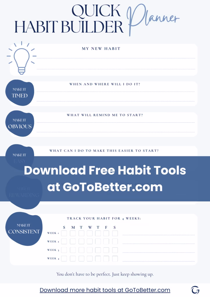 Printable Quick Habit Builder Planner worksheet with spaces to write a new habit, decide when and where to practice, note reminders, and track weekly progress, displayed with clean typography.