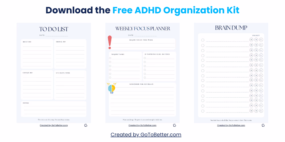 Free ADHD Organization Kit download – includes printable ADHD planner pages with to-do lists, weekly focus planner, and brain dump sheets designed to help with ADHD organization, focus, productivity, and daily planning.
